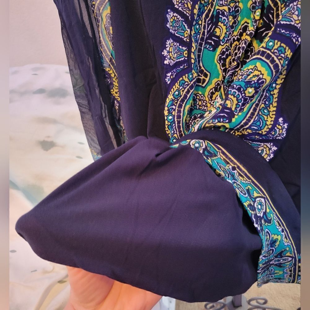 INC International Concepts Navy Blue Sheer Sleeve Paisley Blouse - Picture 3 of 12